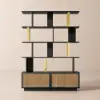 5-Tier Black Wood Bookshelf with 2 Doors Modern Bookcase in Gold Finish