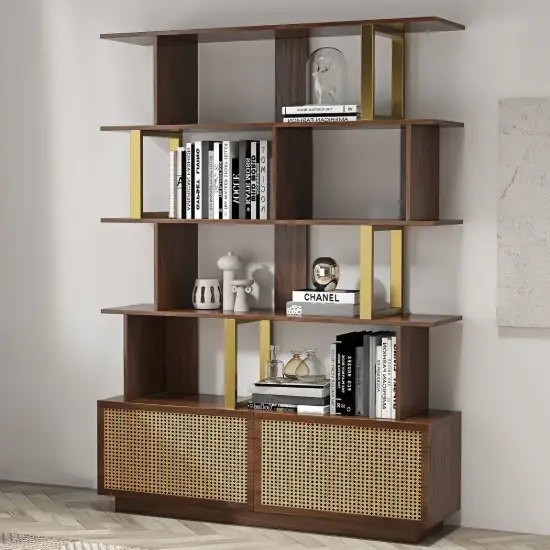 5-Tier Walnut Bookshelf with 2 Drawers Wooden Bookcase in Gold (1645mm High)