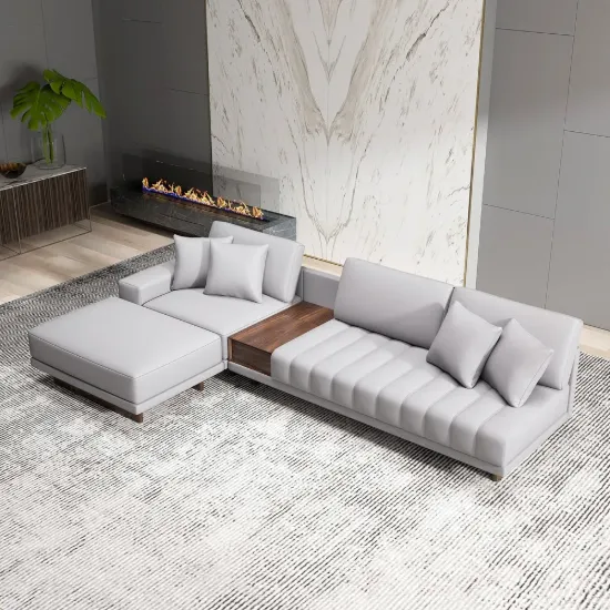 Vewal 320 cm L-Shaped Performance Leather Modular Sectional Sofa with Chaise & Ottoman – Gray Storage Side