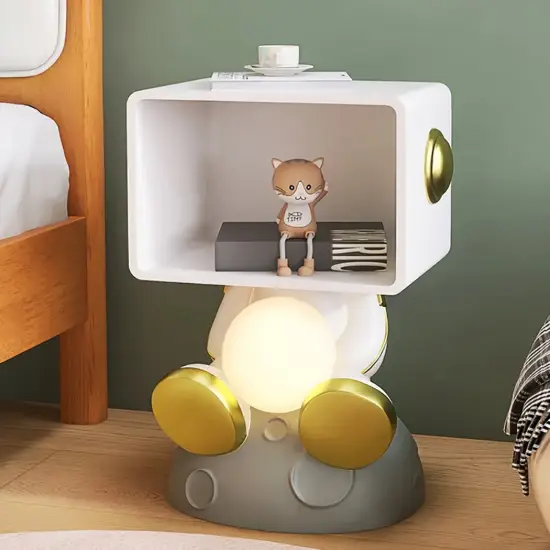 Modern White & Gold Bedroom Bedside Table with Light & Open Storage