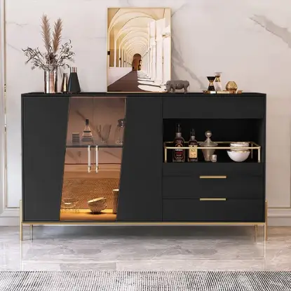 Dolawn 140 cm Black Wood Sideboard with Tray Wine Rack