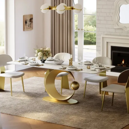 71" Modern Rectangular Glossy Sintered Stone Dining Table, Seats 6