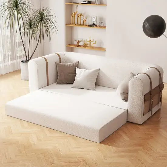 2220mm Modern White Boucle 3-Seater Sofa Upholstered Convertible with Side Storage