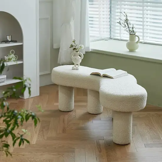 Modern White Bedroom Bench Boucle Tufted Long Bench with 4 Legs