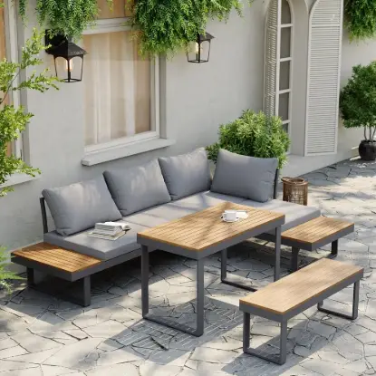 Picture of Slatera 4-Piece Outdoor Acacia & Aluminium Modular Sofa Set in Dark Grey