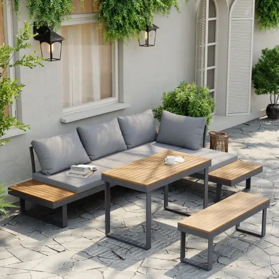 Slatera 4-Piece Outdoor Acacia & Aluminium Modular Sofa Set in Dark Grey