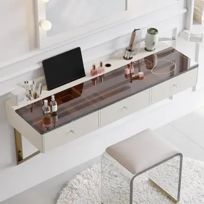 120 cm Modern White Floating Makeup Vanity (Set) with Tempered Glass Top
