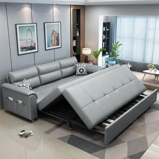 188 cm 2-Seater Faux Leather Pull-out Sleeper Sofa with Storage and Side Pockets – Light Gray Full