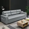 188 cm 2-Seater Faux Leather Pull-out Sleeper Sofa with Storage and Side Pockets – Light Gray Full