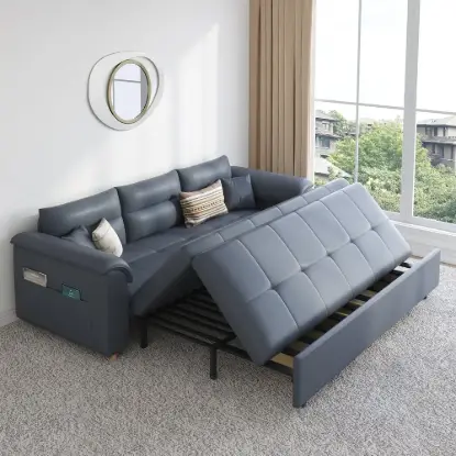 Picture of 188 cm 2-Seater Faux Leather Pull-out Sleeper Sofa with Storage and Side Pockets – Deep Gray Full