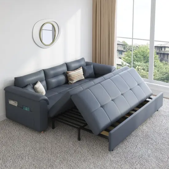 188 cm 2-Seater Faux Leather Pull-out Sleeper Sofa with Storage and Side Pockets – Deep Gray Full