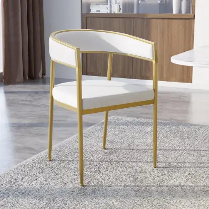 Picture of Modern White Dining Room Chair Velvet Upholstered Curved Back with Gold Metal Leg
