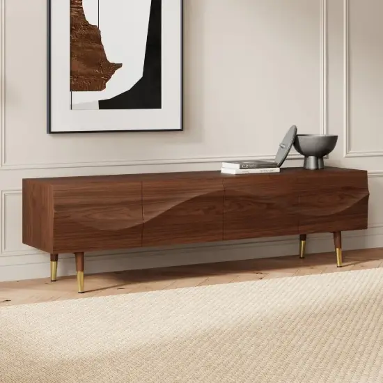 Picture of Lake Mid Century TV Stand with Wavy Design Walnut Storage Drawers for TVs Up to 1905mm