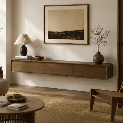 Picture of Mid Century Floating Wood TV Stand Unit in Walnut with 3 Drawers for TVs Up to 2159mm
