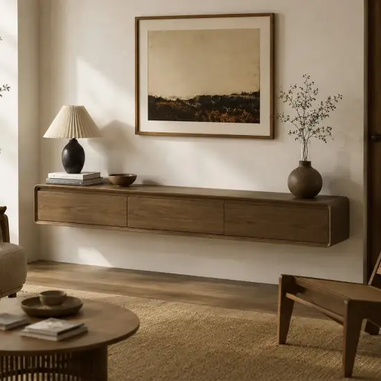 Picture of Mid Century Floating Wood TV Stand Unit in Walnut with 3 Drawers for TVs Up to 2159mm