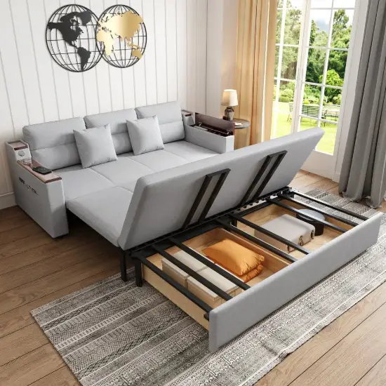 2108 cm Queen Cotton & Linen Pull-out Sofa Bed with Storage