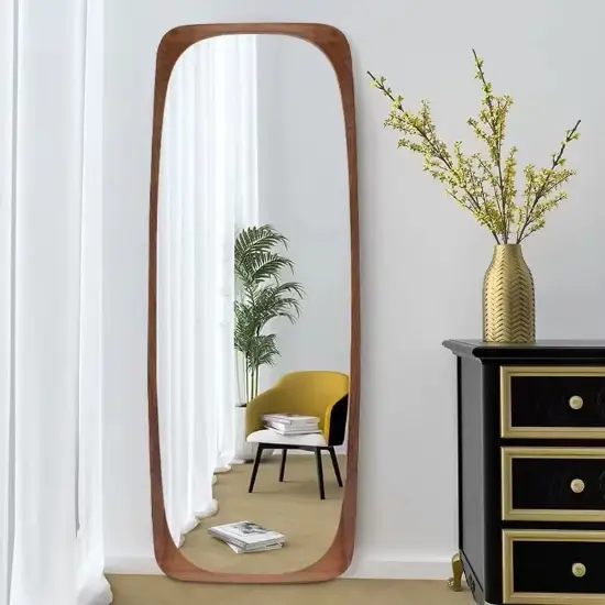 Mid-Century Rectangle Walnut Full Length Leaning Floor Mirror Wood Frame 175 cm x 50 cm