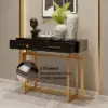 1200mm Modern Narrow Black Console Table with Storage Drawers and Metal Legs in Gold