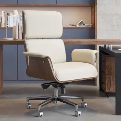 Modern Ergonomic Off White Faux Leather Swivel Office Chair with Walnut Wood Accents