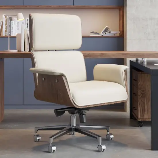 Picture of Modern Ergonomic Off White Faux Leather Swivel Office Chair with Walnut Wood Accents