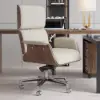 Picture of Modern Ergonomic Off White Faux Leather Swivel Office Chair with Walnut Wood Accents