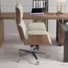 Picture of Modern Ergonomic Off White Faux Leather Swivel Office Chair with Walnut Wood Accents