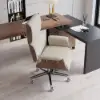 Picture of Modern Ergonomic Off White Faux Leather Swivel Office Chair with Walnut Wood Accents