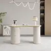 Modern 110 cm Curved Warm White Wood Desk 3 Drawers & Fluted Double Pedestal Base
