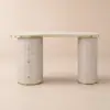 Modern 110 cm Curved Warm White Wood Desk 3 Drawers & Fluted Double Pedestal Base