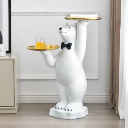 Picture of Modern White Bear Side Table Resin Tiered Tray Top End Table in Gold