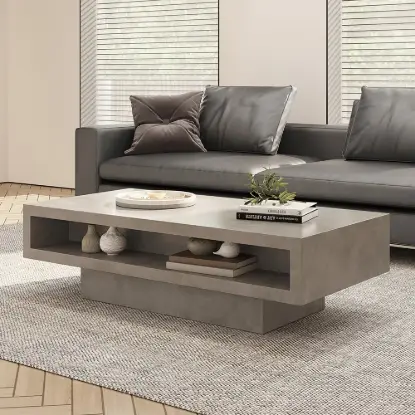 Picture of Japandi Rectangle Concrete Grey Coffee Table with 2 Drawers & Open Storage