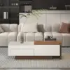 White & Walnut Extendable Rectangle Coffee Table with Drawer & Sliding Storage