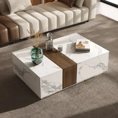 Picture of Vewal 120 cm Marble & Walnut Veneer Block Coffee Table with 2 Drawers