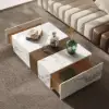 Vewal 120 cm Marble & Walnut Veneer Block Coffee Table with 2 Drawers