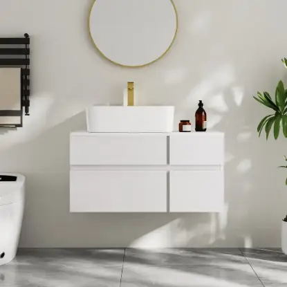 Modern 80 cm Floating Single Bathroom Vanity with Stone Resin Top, Ceramic Basin – White