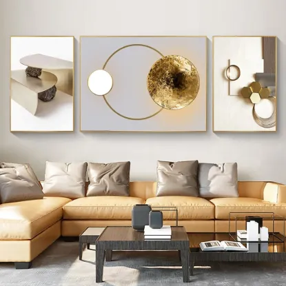 3 Pieces Modern Geometric Abstract Wall Decor Set Canvas Print with Frame Living Room – Rectangle