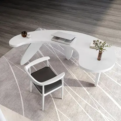 Picture of Modern curved white wood executive desk, 140 cm straight desk with 3 oval legs
