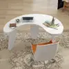 Modern curved white wood executive desk, 140 cm straight desk with 3 oval legs