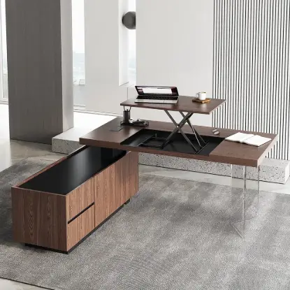 1815mm Modern Walnut Standing L-Shape Executive Desk Side Cabinet and lifter Desktop