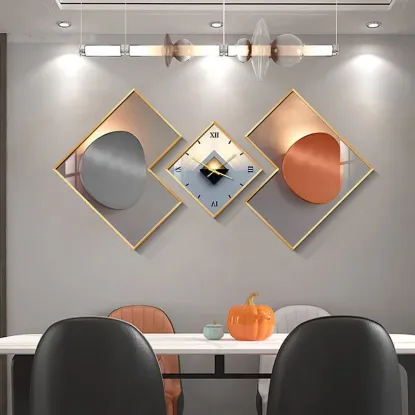 3Pcs Modern Geometric Wall Clock Decor Set Canvas Painting Wall Clocks with Gold Frame – AUD-H0585
