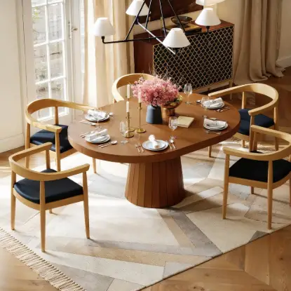 Picture of Japandi 100 – 140 cm Extendable Round-to-Oval Wood Dining Table–Warm Walnut, Seats 4-6