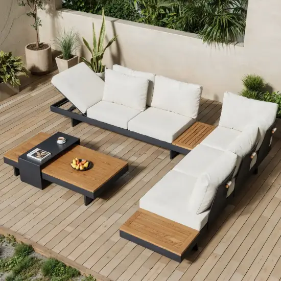Tevara 4-Piece Outdoor Teak & Aluminium Modular Sofa Set with Coffee Table for 6 – Dark Grey