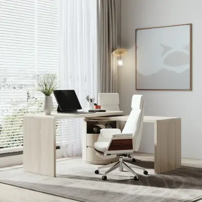 Modern 152 cm L-Shaped Whitewash Office Desk with Drawers, Rotating Design