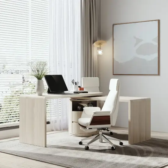Modern 152 cm L-Shaped Whitewash Office Desk with Drawers, Rotating Design