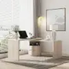 Modern 152 cm L-Shaped Whitewash Office Desk with Drawers, Rotating Design