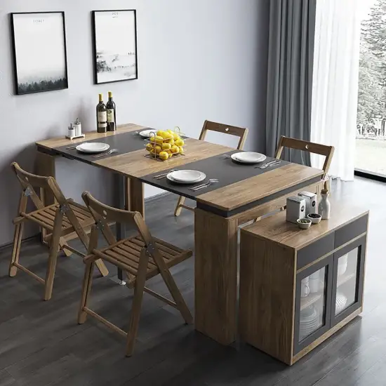 Modern Extendable Dining Table with 4 Chairs Rectangle Storage Sideboard Walnut&Gray