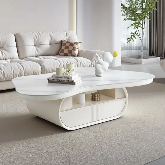 129 cm Oval Sintered Stone Coffee Table with Storage – White