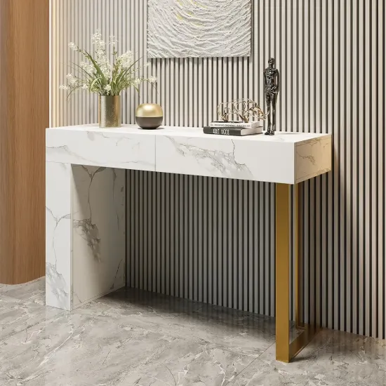 Modern 47" Marble Effect Console Table with 2 Drawers & Golden Leg – White