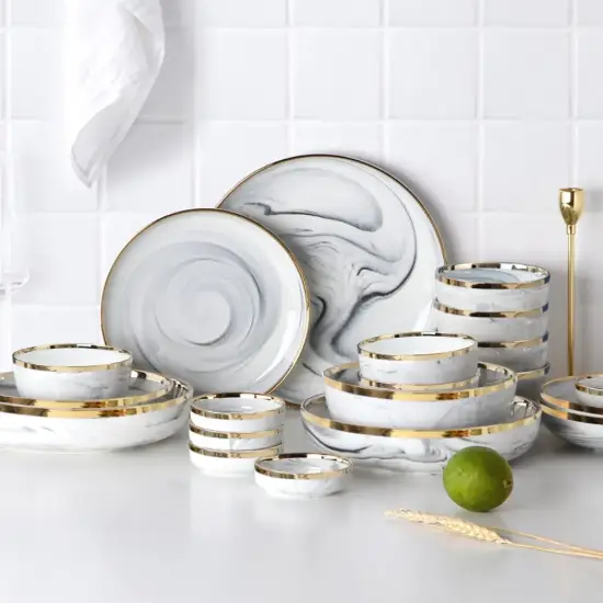 Modern Dinnerware 18-Piece White&Grey Ceramic Dinnerware Gold Rim
