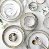 Modern Dinnerware 18-Piece White&Grey Ceramic Dinnerware Gold Rim